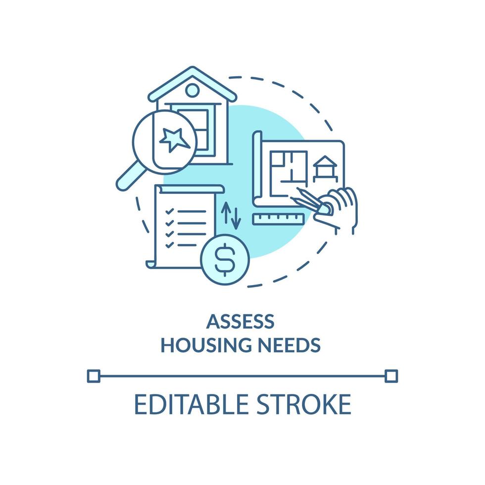 avaliar o ícone do conceito turquesa de necessidades de habitação. verificação de propriedade. desenvolvimento casa idéia abstrata ilustração de linha fina. desenho de contorno isolado. traço editável. vetor