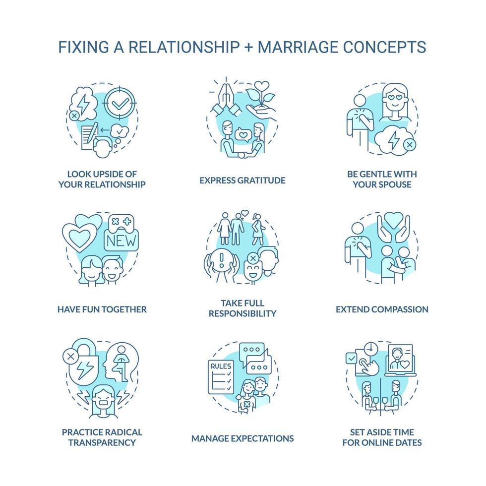 consertando o conjunto de ícones de conceito turquesa de relacionamento e casamento. ilustrações de cores de linha fina de ideia de comunicação saudável. símbolos isolados. traço editável. vetor