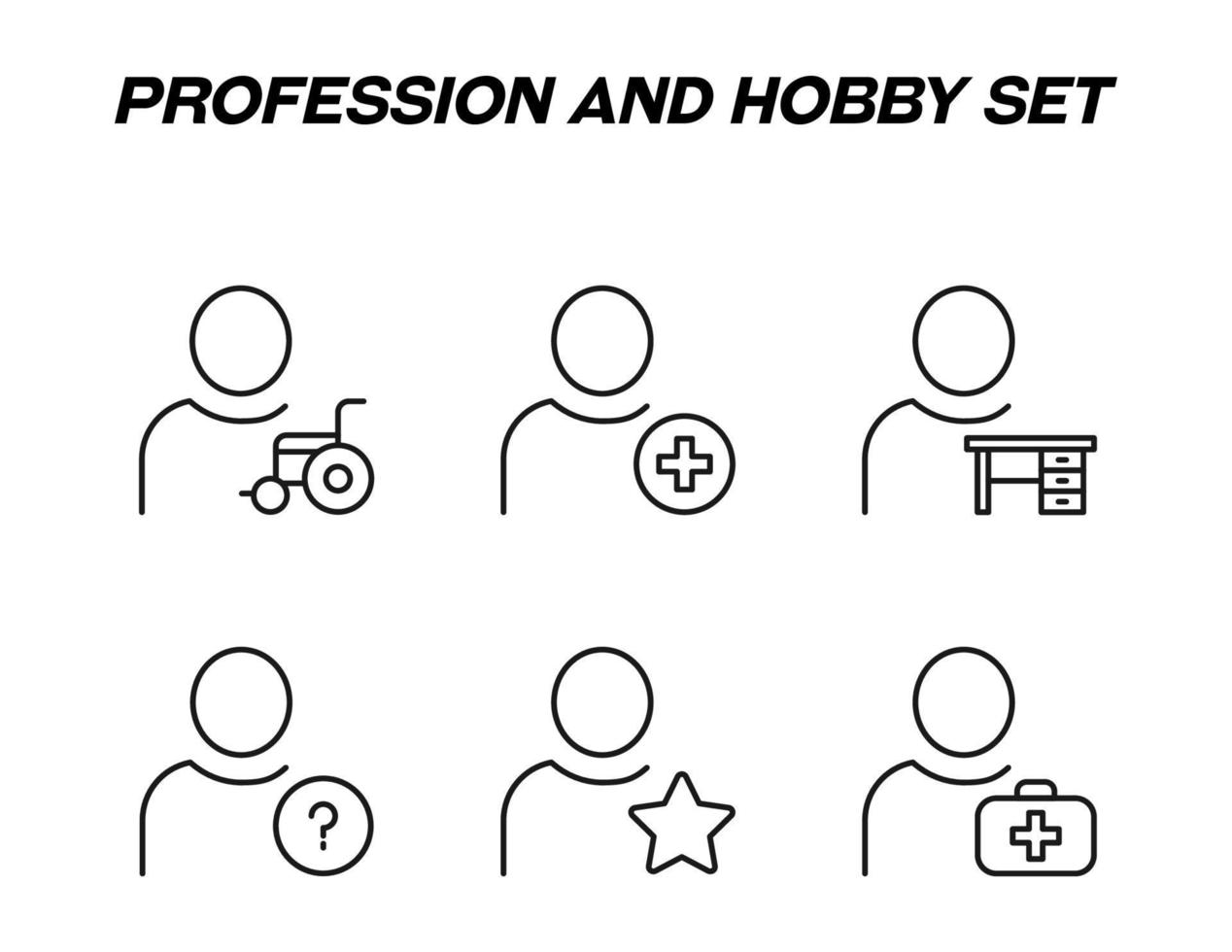 sinais monocromáticos em estilo simples para lojas, lojas, sites. traço editável. ícone de linha vetorial definido com símbolos de cadeira de rodas, cruz médica, mesa, sinal de exclamação, estrela, cruzar por mala vetor