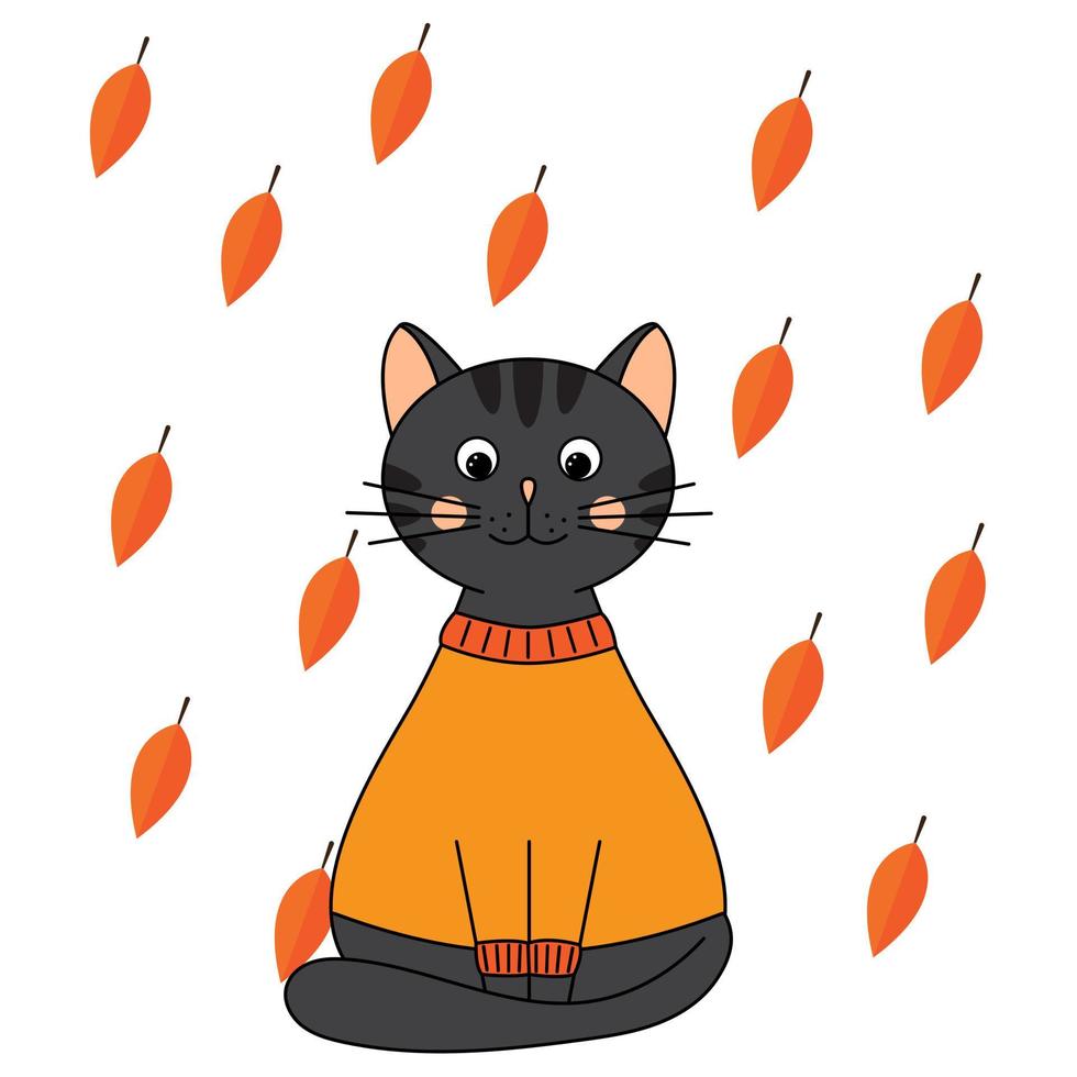 ilustração vetorial desenho de personagem gato bonito com camisola para o outono. estilo de desenho animado doodle. vetor