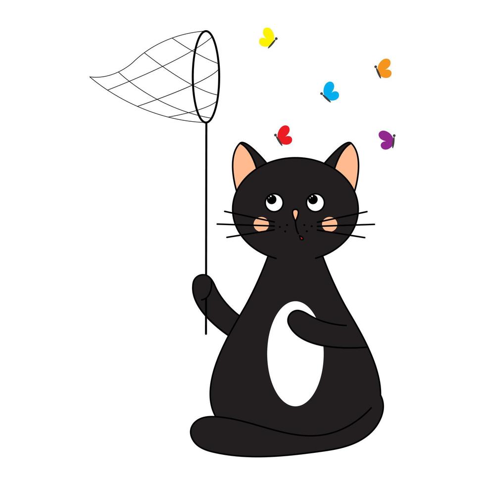 gato bonito pega borboletas. ilustração infantil no estilo de um doodle. gráficos vetoriais em fundo branco vetor