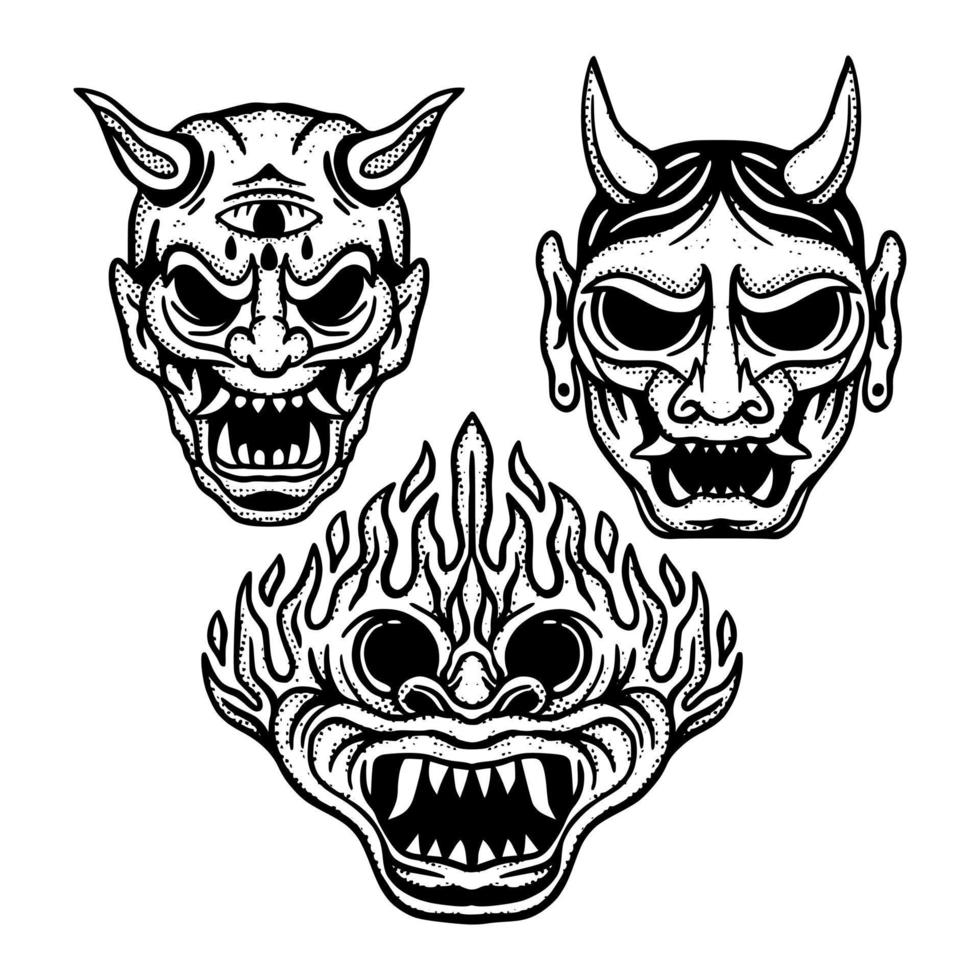 conjunto de coleção ilustração de doodle de rosto de diabo esboço desenhado à mão colorido para tatuagem, adesivos, etc vetor