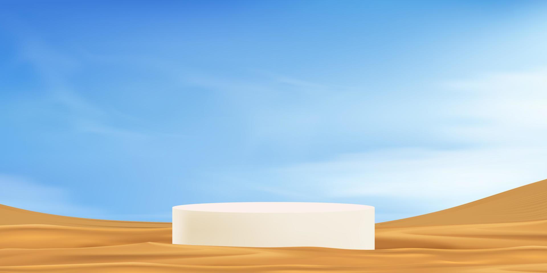 3d stand pódio na areia da praia ou onda de dunas do deserto com fundo de céu azul e nuvens, círculo de exibição de pano de fundo de banner vetorial na areia de superfície para publicidade de cosméticos, conceito de cuidados com a pele vetor