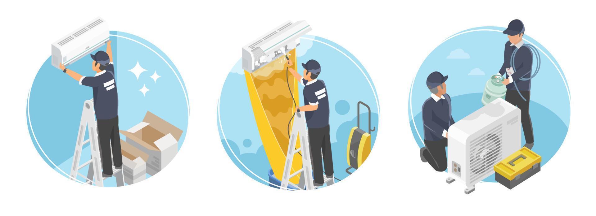conceito de ícone de serviços domésticos de ar condicionado instalar equipe de entrega de casa limpa e manutenção isométrica vetor