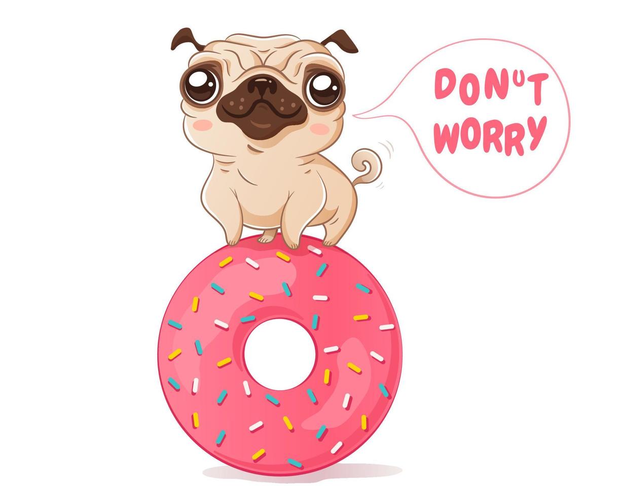 pug e donut no estilo kawaii vetor