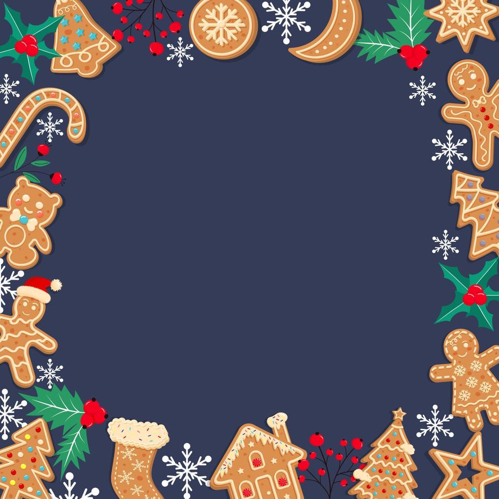 fundo de gengibre de natal azul escuro. design de natal com biscoitos de inverno, bagas de azevinho, flocos de neve. espaço vazio para o seu texto. modelo para cartões, banner, pôster. vetor