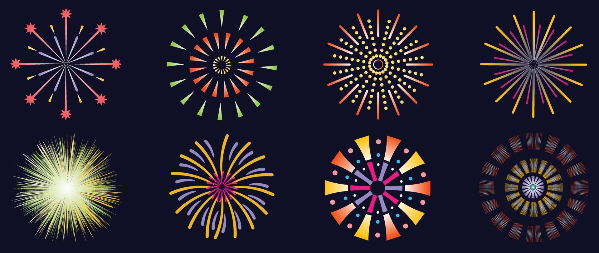 conjunto de ilustração vetorial de fogos de artifício de ano novo. coleção de fogos de artifício coloridos vibrantes de brilho em fundo preto. design de arte adequado para decoração, impressão, pôster, banner, papel de parede, cartão, capa. vetor