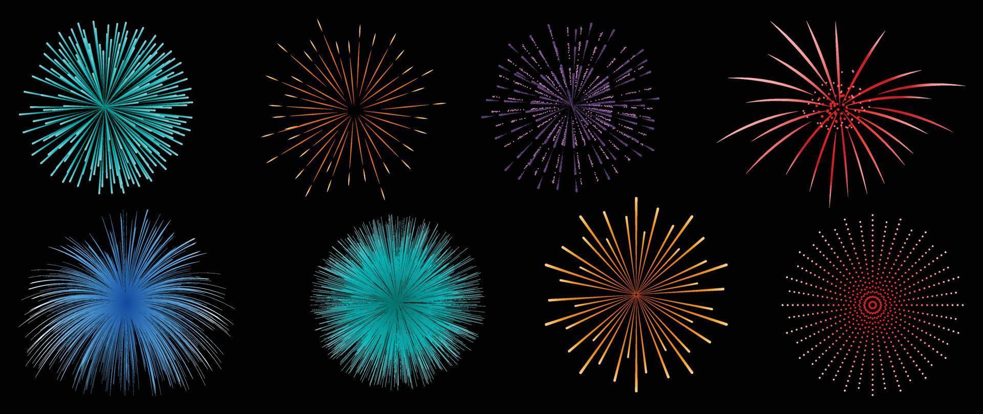 conjunto de ilustração vetorial de fogos de artifício de ano novo. coleção de fogos de artifício coloridos vibrantes de brilho em fundo preto. design de arte adequado para decoração, impressão, pôster, banner, papel de parede, cartão, capa. vetor