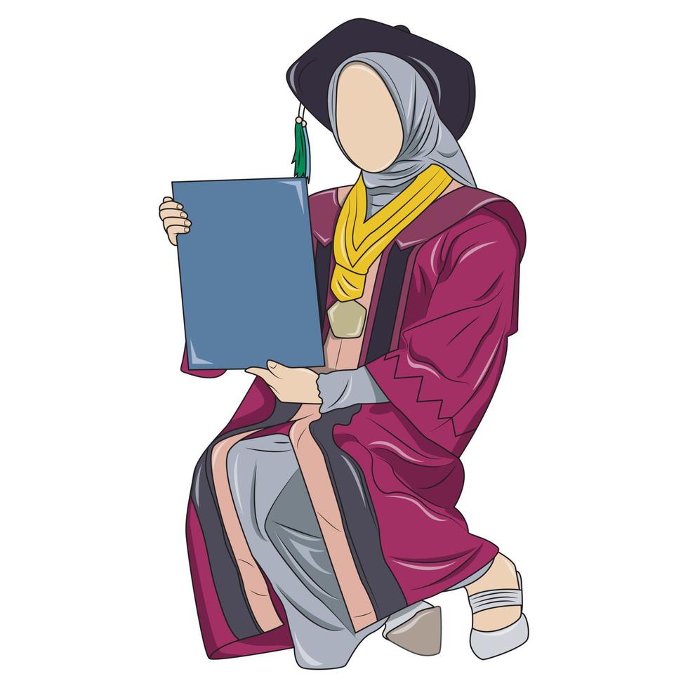 ilustração em vetor de formatura de uma mulher em hijab, carregando um diploma.