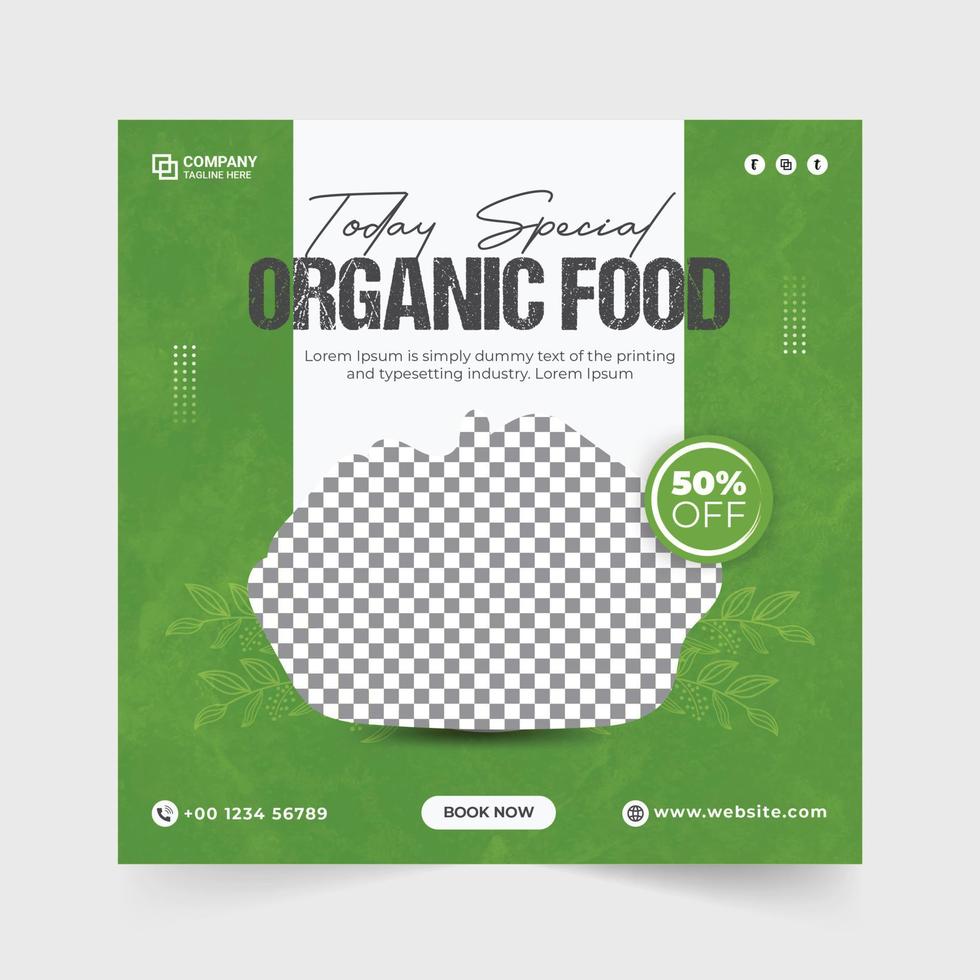 postagem de mídia social de alimentos orgânicos. folheto especial de venda de alimentos orgânicos. menu de comida saudável natural. banner de venda de vegetais saudáveis. promoção de loja de vegetais frescos e saudáveis. modelo de promoção de vegetais. vetor