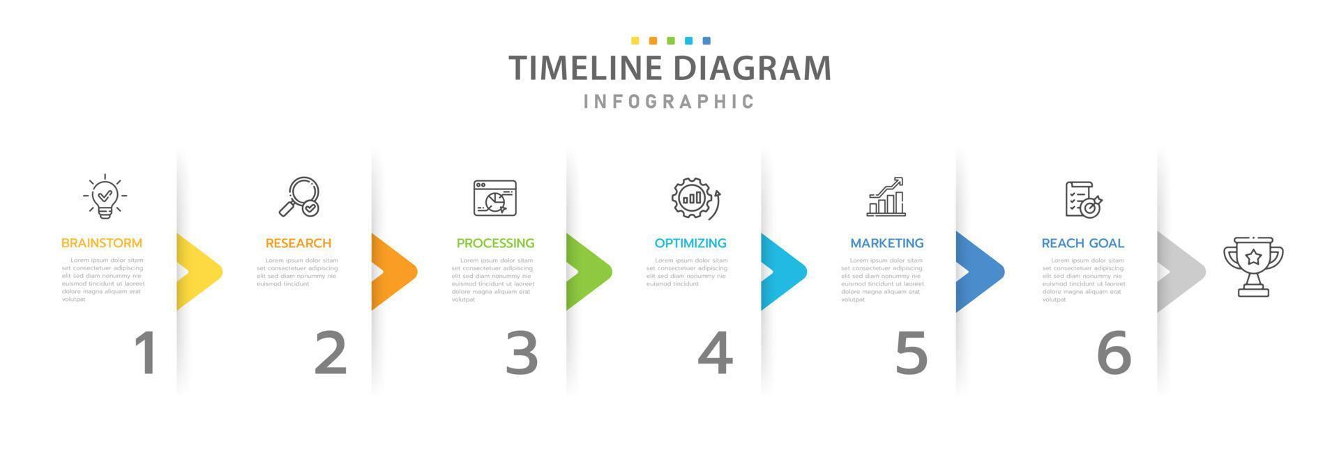 modelo de infográfico para negócios. Diagrama de linha do tempo moderno de 6 etapas com seta e tópico, cronograma de infográfico de vetor de apresentação.
