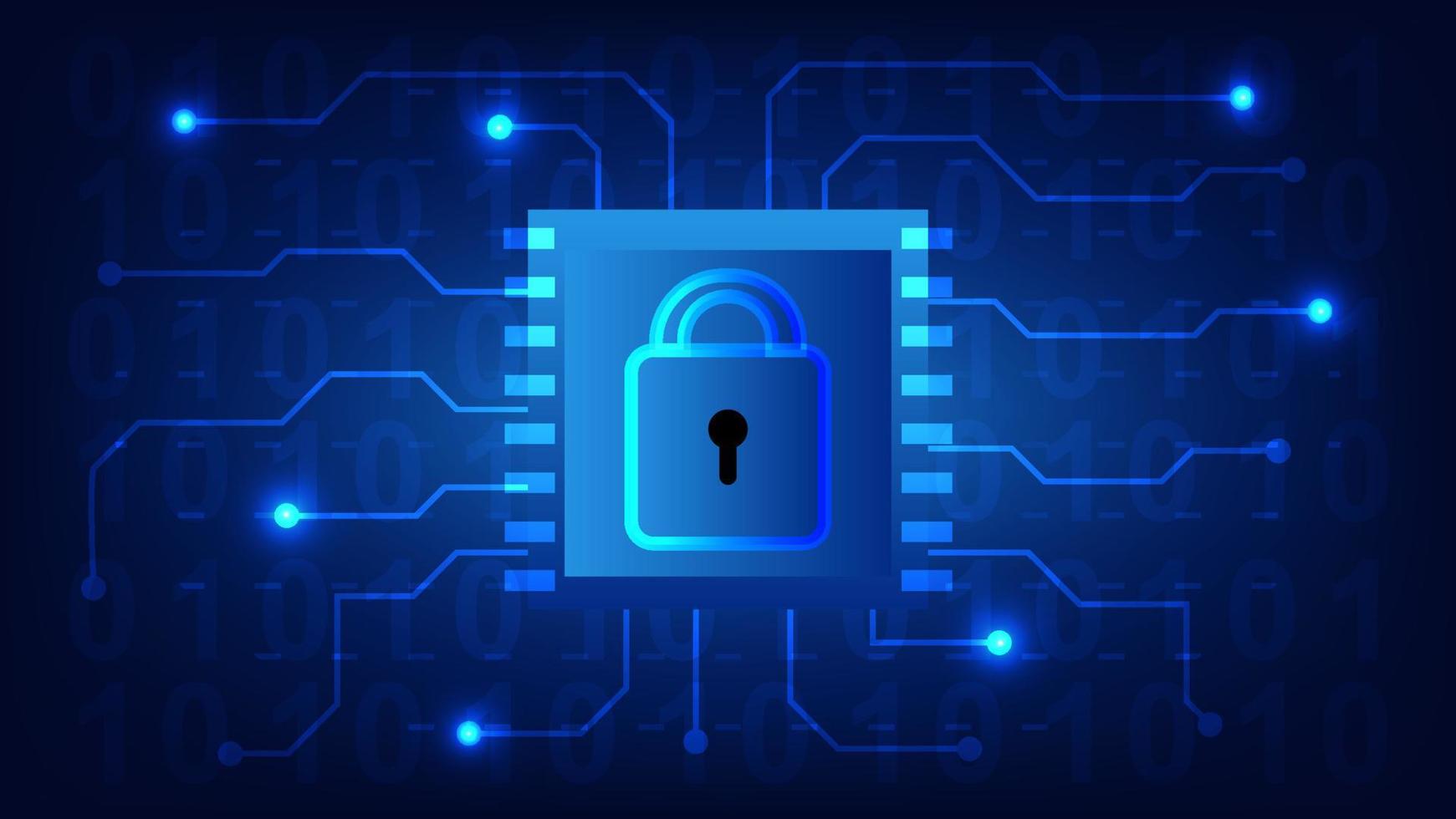 tecnologia de segurança cibernética e conceito de proteção de dados de privacidade. cadeado no chip e placa de circuito em fundo de iluminação azul vetor