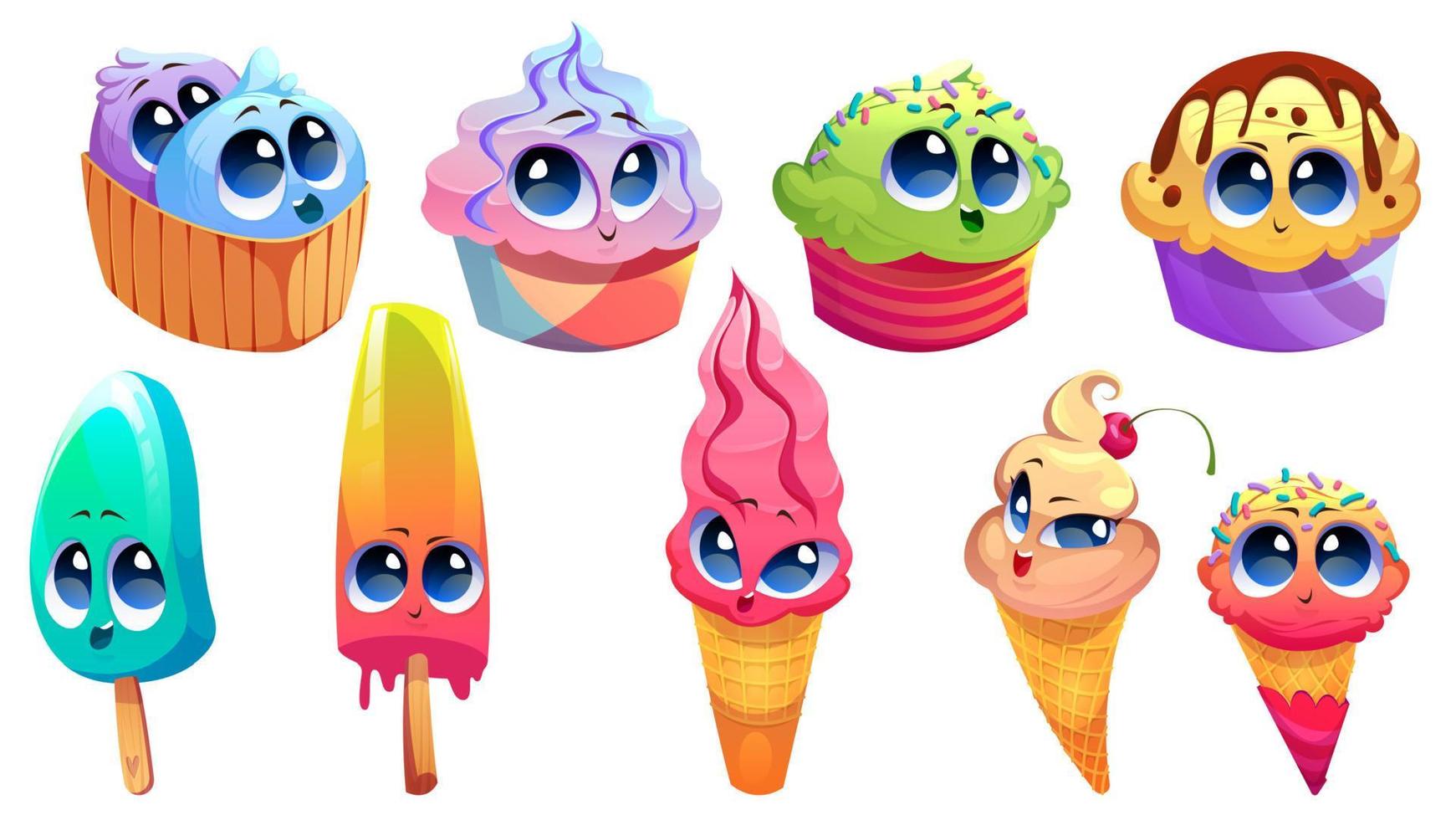 personagens fofos de sorvete com caretas vetor