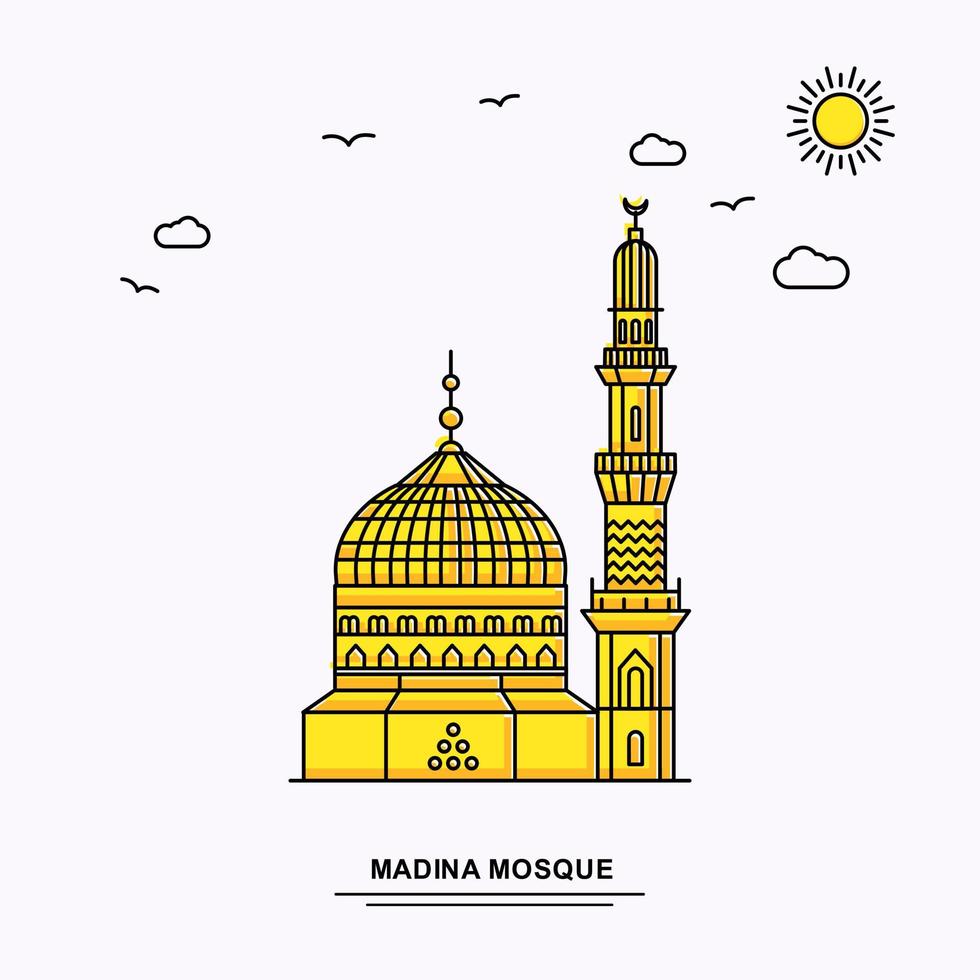 modelo de cartaz de monumento de mesquita madina fundo de ilustração amarela viagem mundial em estilo de linha com cena de natureza beleza vetor