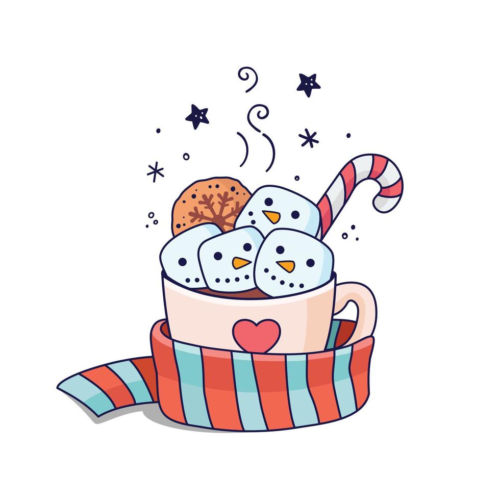 bebida de natal com boneco de neve marshmallow, biscoito, pirulito. bebida quente de inverno em estilo doodle. xícara de cacau embrulhada em um lenço. ilustração desenhada à mão. vetor