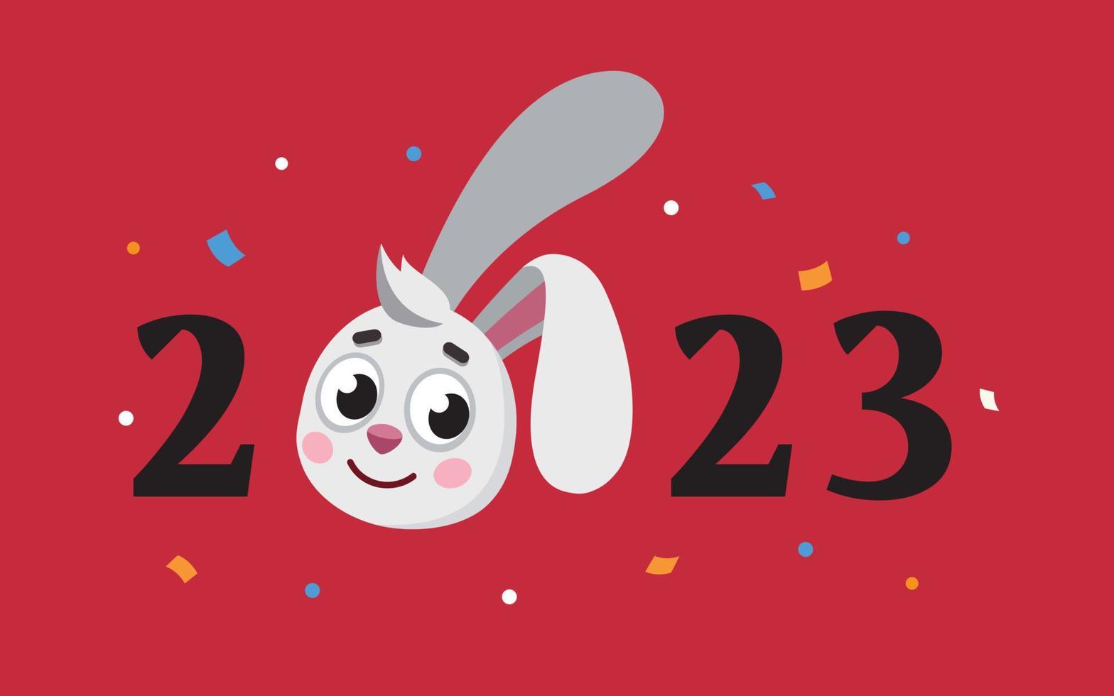 ano do zodíaco do coelho. Texto de 2023 anos com cabeça de coelho e confetes, cartão postal de ano novo chinês. símbolo do ano novo lunar. vetor