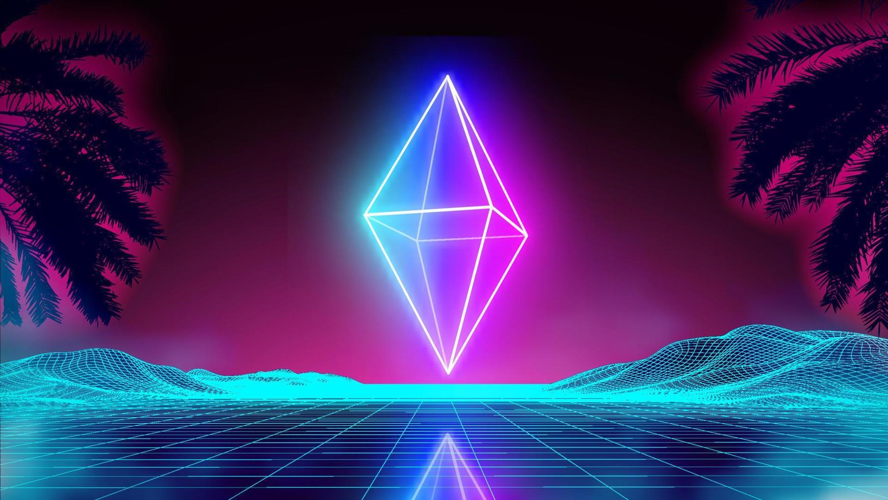 losango de neon na paisagem de fundo retrô. cartaz de cosmos losango brilhante. luz de cubo de caixa de luz neon. futuro cartaz de ficção científica roxo dos anos 80. vetor