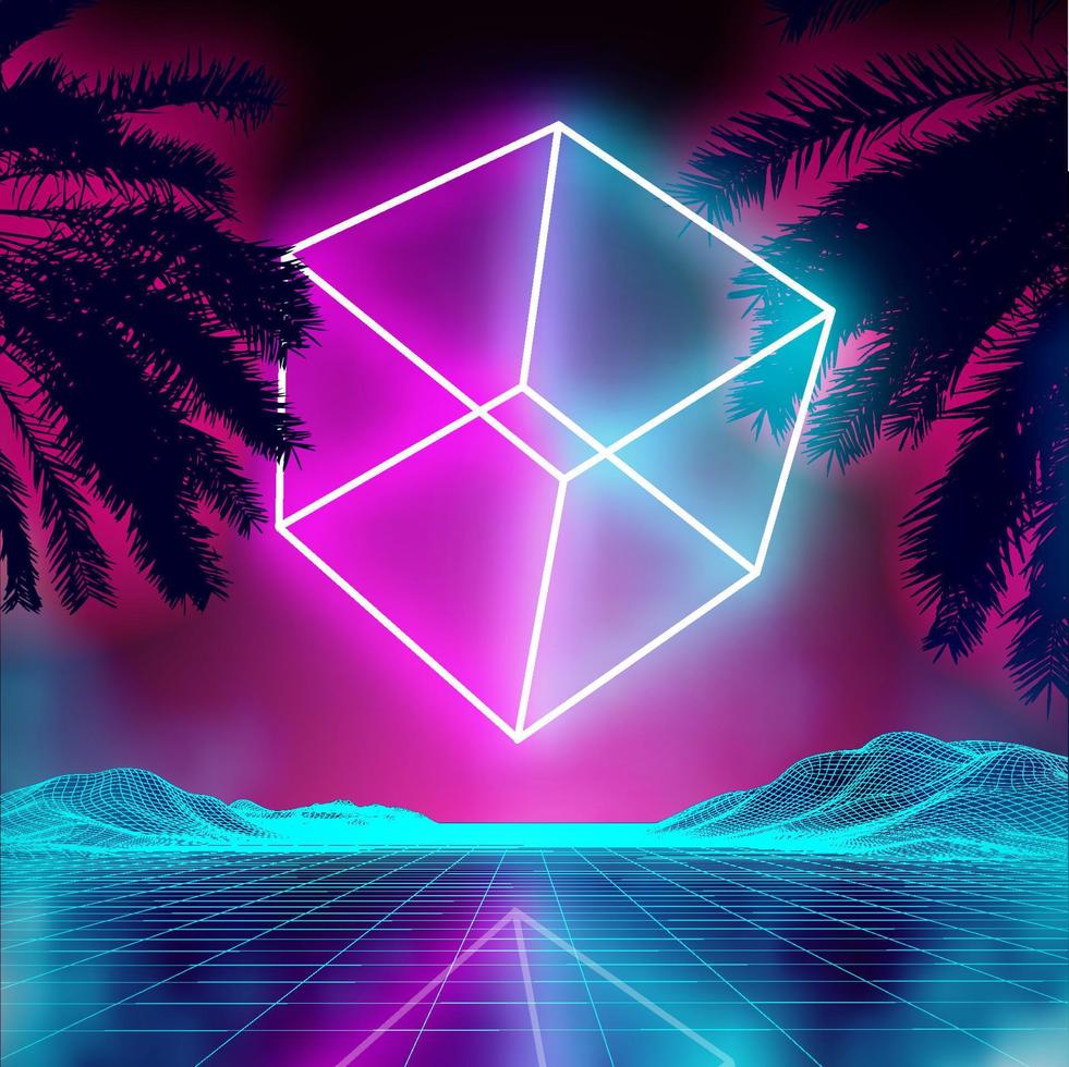 cubo 3d de néon na paisagem de fundo retrô. cartaz de cosmos de cubo brilhante. luz de cubo de caixa de luz neon. futuro cartaz de ficção científica roxo dos anos 80. vetor