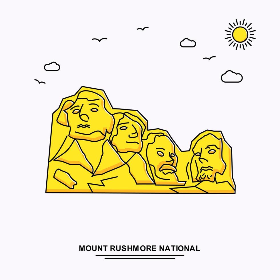 modelo de cartaz do monumento nacional do monte rushmore viagem pelo mundo fundo amarelo ilustração em estilo de linha com cena de natureza beleza vetor