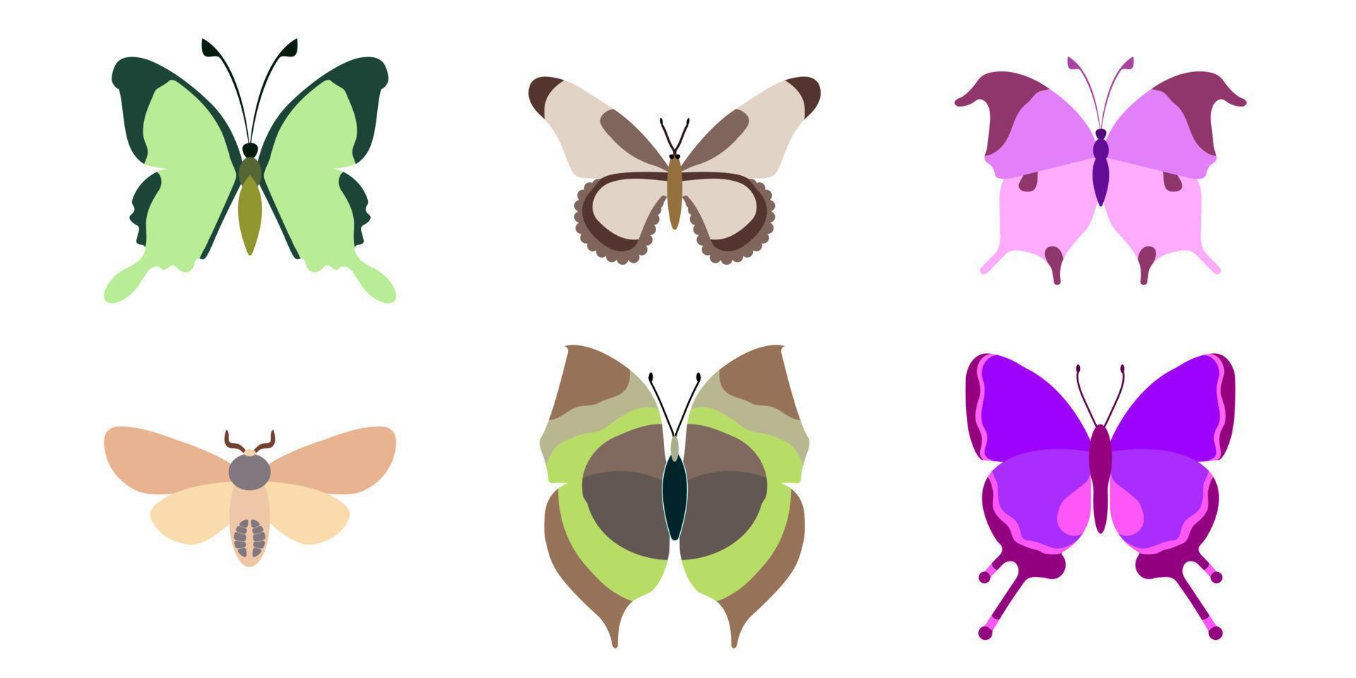 conjunto, coleção de borboletas em um fundo branco. conjunto de ícones dos desenhos animados isolados, inseto decorativo. vetor