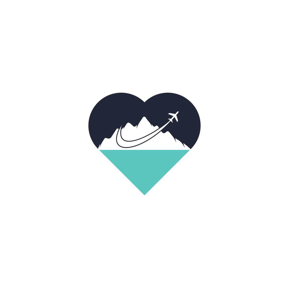 avião e design de logotipo de vetor de conceito de forma de coração de montanha. design de logotipo de viagem. avião com logotipo da montanha