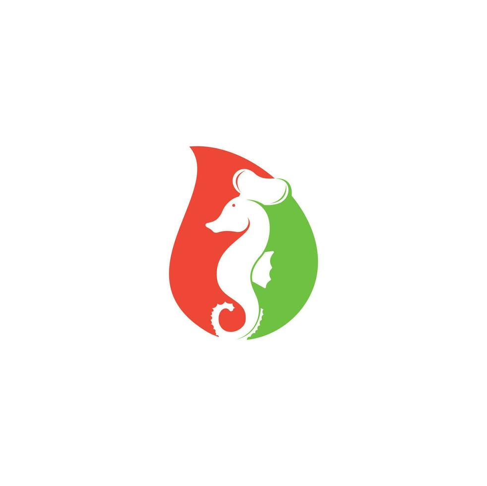 logotipo do conceito de forma de gota de frutos do mar. cavalo-marinho chef faca garfo e colher símbolo ilustração. modelo de design de logotipo de chef e cavalo-marinho vetor