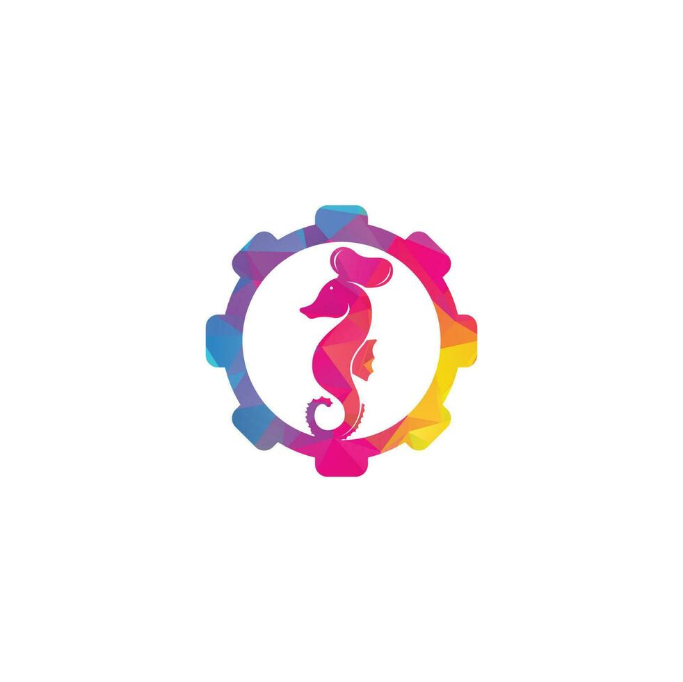 logotipo do conceito de forma de engrenagem de frutos do mar. cavalo-marinho chef faca garfo e colher símbolo ilustração. modelo de design de logotipo de chef e cavalo-marinho vetor