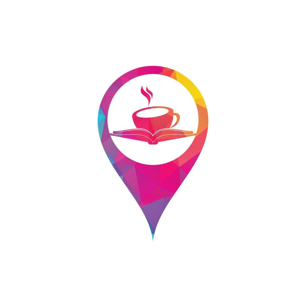 café livro mapa pin forma conceito design de logotipo de vetor. logotipo icônico da loja de livros de chá vetor