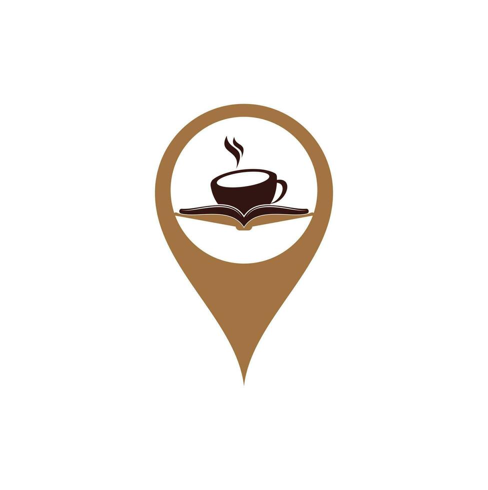 café livro mapa pin forma conceito design de logotipo de vetor. logotipo icônico da loja de livros de chá vetor