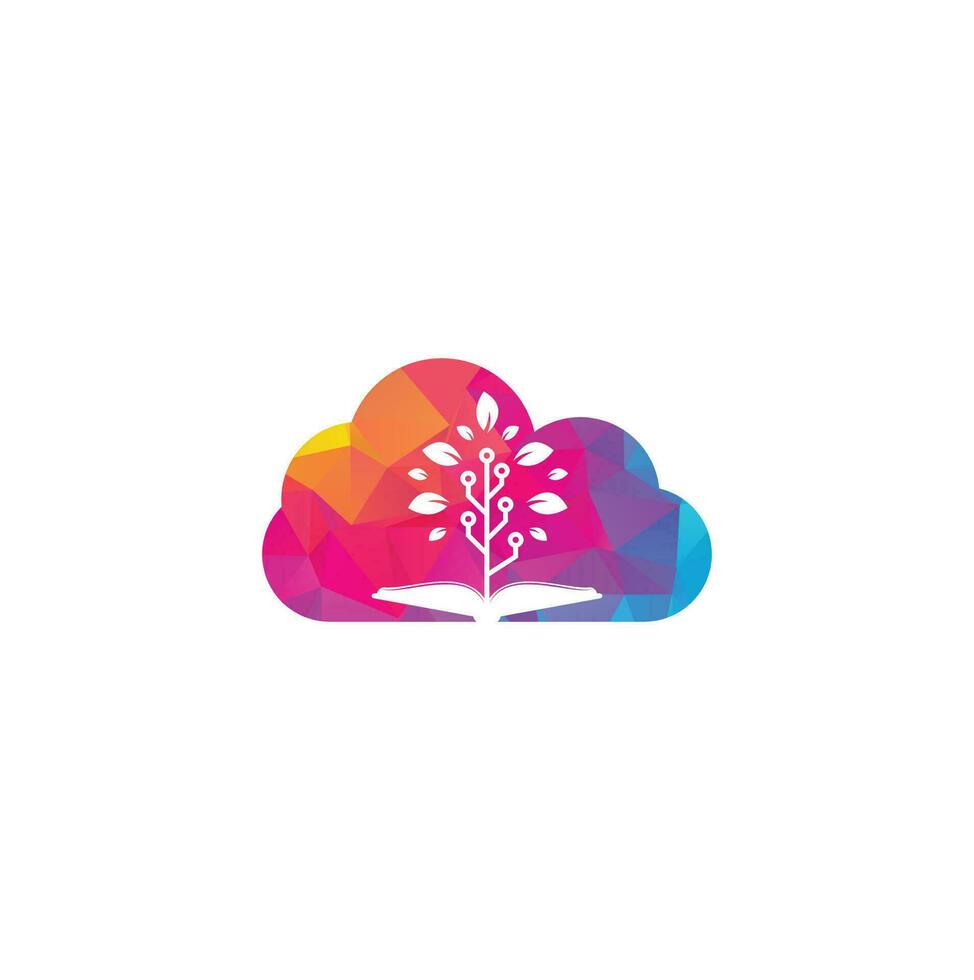 livro e design de logotipo de conceito de forma de nuvem de árvore de tecnologia. vetor de design de logotipo de tecnologia de educação