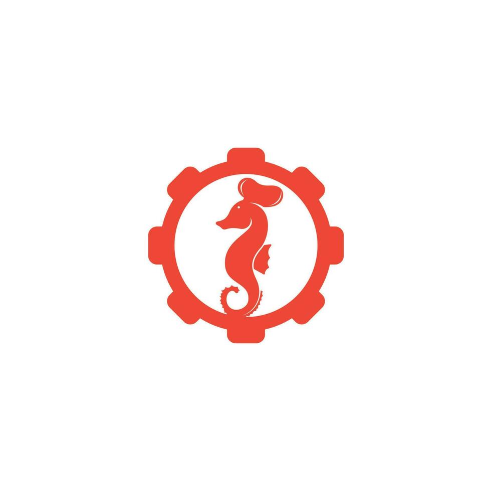 logotipo do conceito de forma de engrenagem de frutos do mar. cavalo-marinho chef faca garfo e colher símbolo ilustração. modelo de design de logotipo de chef e cavalo-marinho vetor