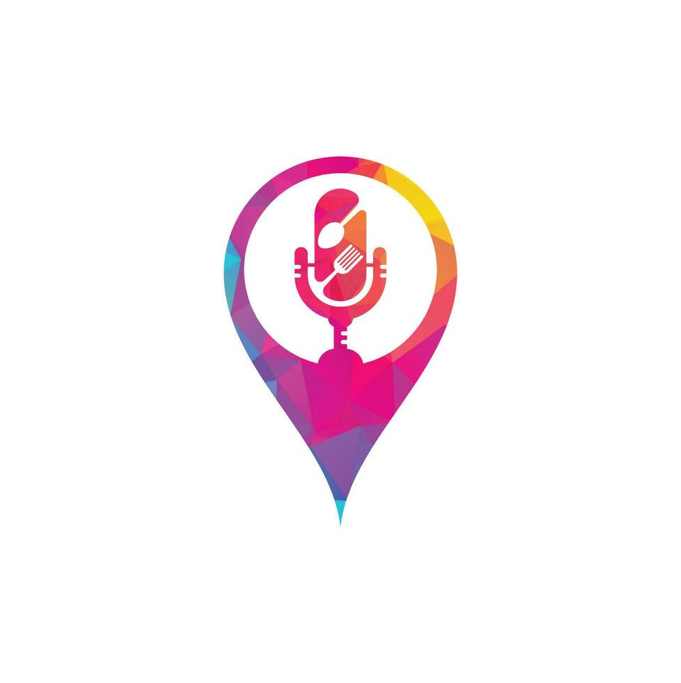 podcast comida mapa pin forma conceito logotipo ícone projeta vetor. podcast de comida para sinal, mascote ou outro. vetor