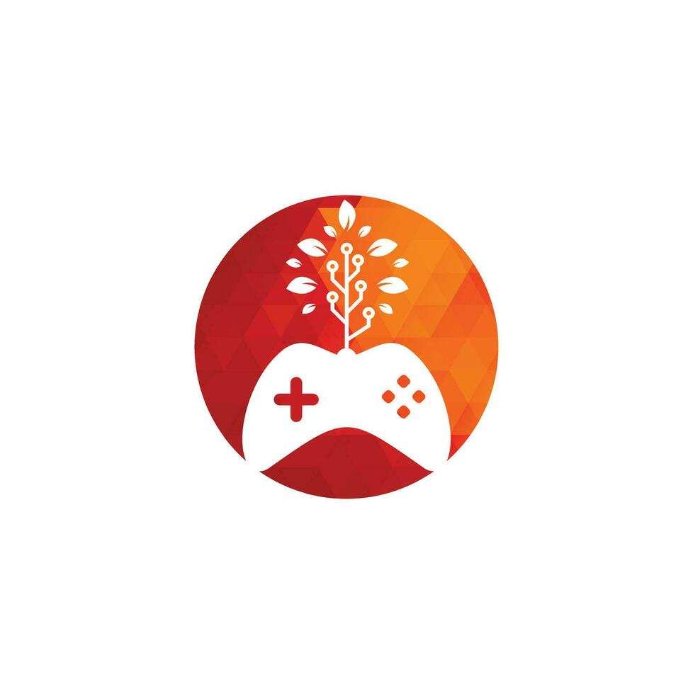 modelo de design de logotipo de árvore de jogo e tecnologia. modelo de design de logotipo de jogos e folhas. vetor