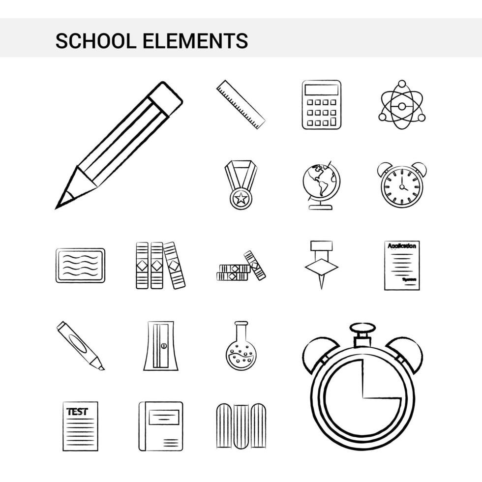 estilo de conjunto de ícones desenhados à mão de elementos escolares isolado no vetor de fundo branco
