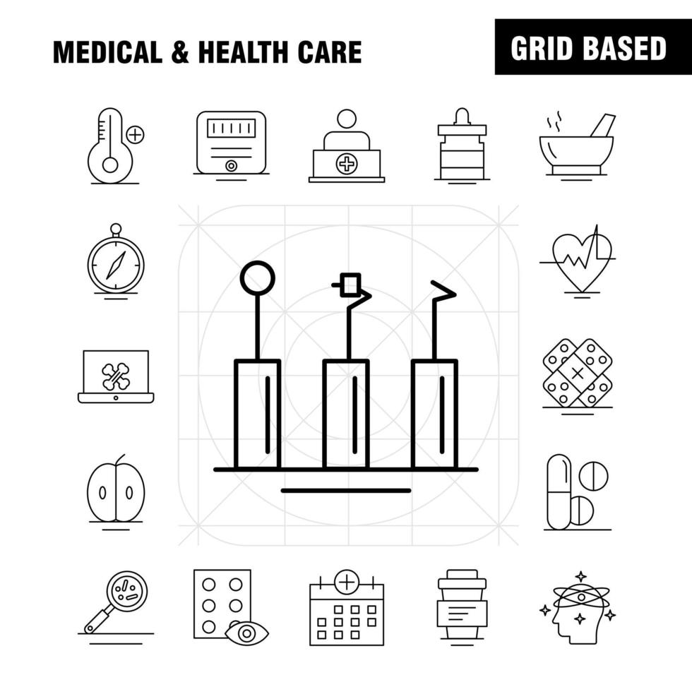 ícone de linha médica e de saúde para impressão na web e kit uxui móvel, como calendário de navegação de bússola de navegação médica saúde médica mais vetor de pacote de pictograma