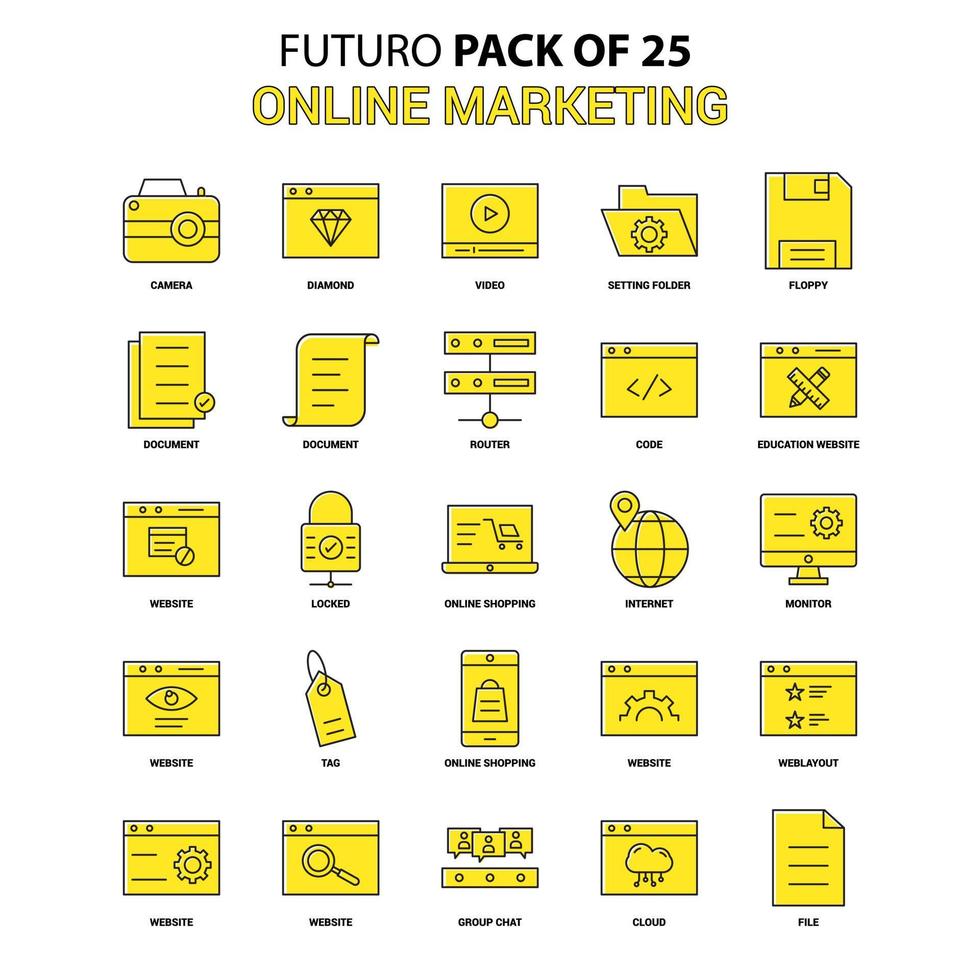 conjunto de ícones de marketing online amarelo futuro pacote de ícones de design mais recente vetor