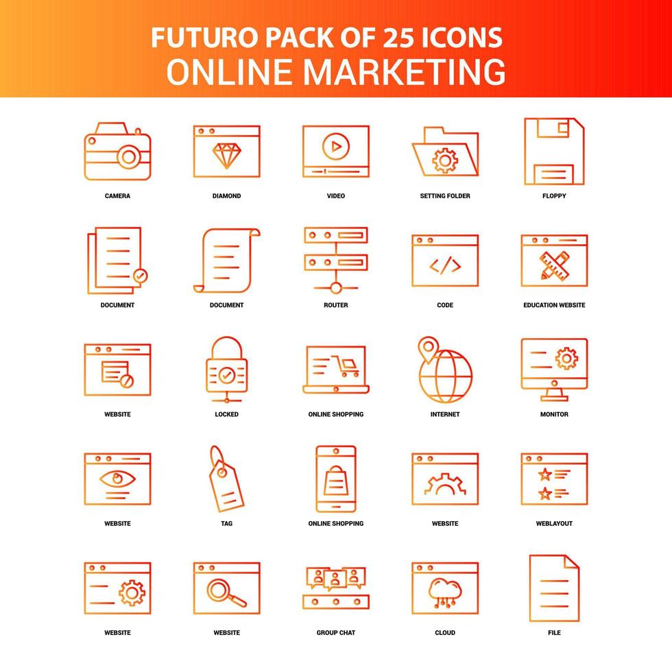 conjunto de ícones de marketing on-line laranja futuro 25 vetor