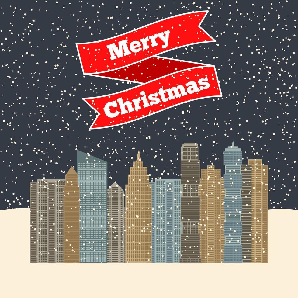 cidade noturna com neve caindo e uma fita vermelha com a inscrição feliz natal. ilustração vetorial. vetor