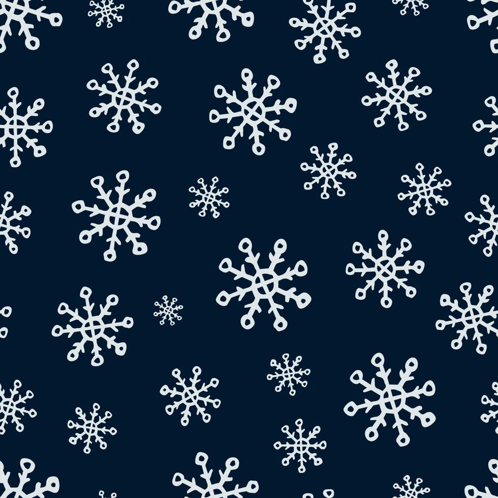 fundo sem emenda de flocos de neve desenhados à mão. flocos de neve azuis sobre fundo azul escuro. elementos de decoração de natal e ano novo. ilustração vetorial. vetor