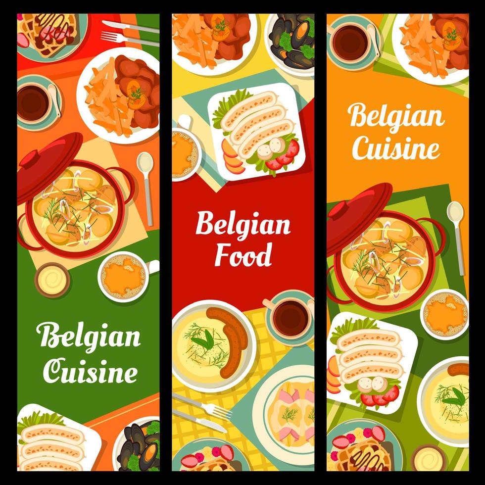 bandeiras de cozinha belga, pratos de comida, refeições de almoço vetor