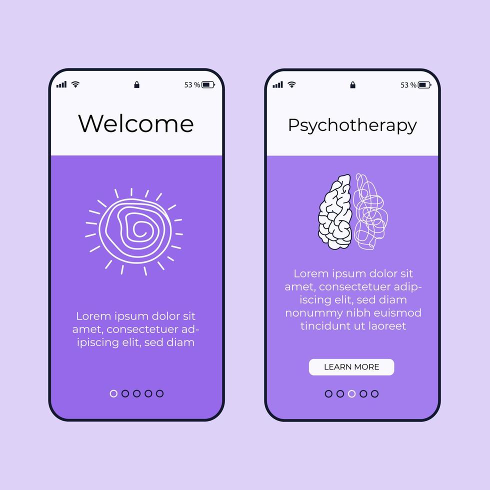 conjunto de telas de interface do usuário, ux para aplicativo móvel sobre psicologia. resolver problemas mentais. passo a passo do site. saúde mental. vetor