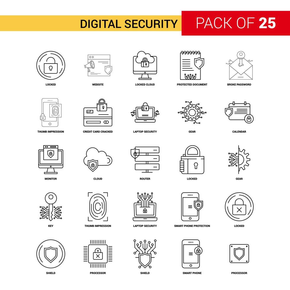 ícone de linha preta de segurança digital 25 conjunto de ícones de contorno de negócios vetor