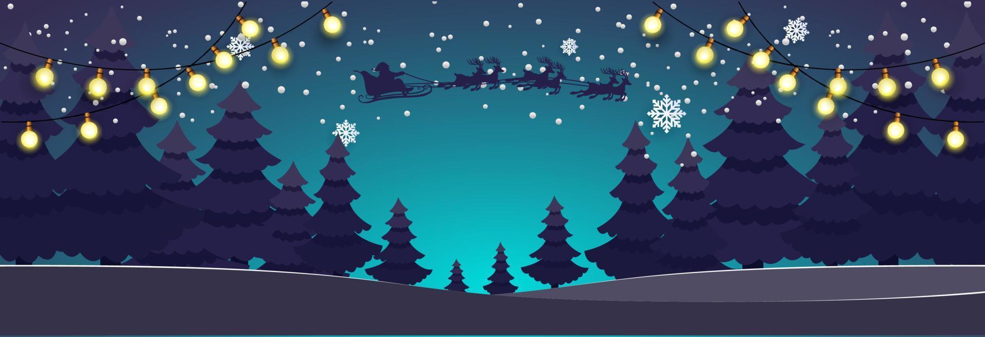 Papai Noel com veados voando sobre uma floresta. ilustração de inverno vetor