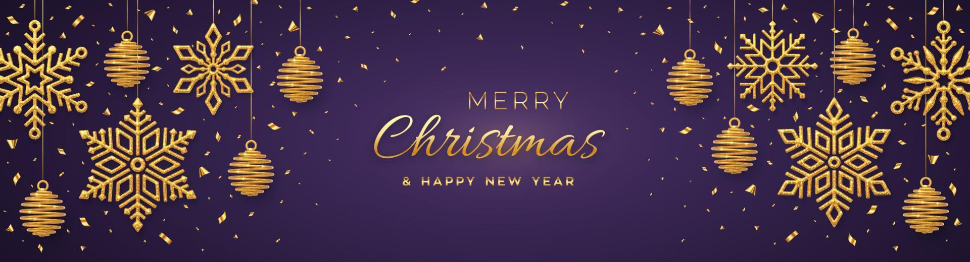 fundo roxo de Natal com flocos de neve e bolas douradas brilhantes de suspensão. cartão de feliz Natal. feriado de Natal e ano novo pôster, banner da web. ilustração vetorial. vetor