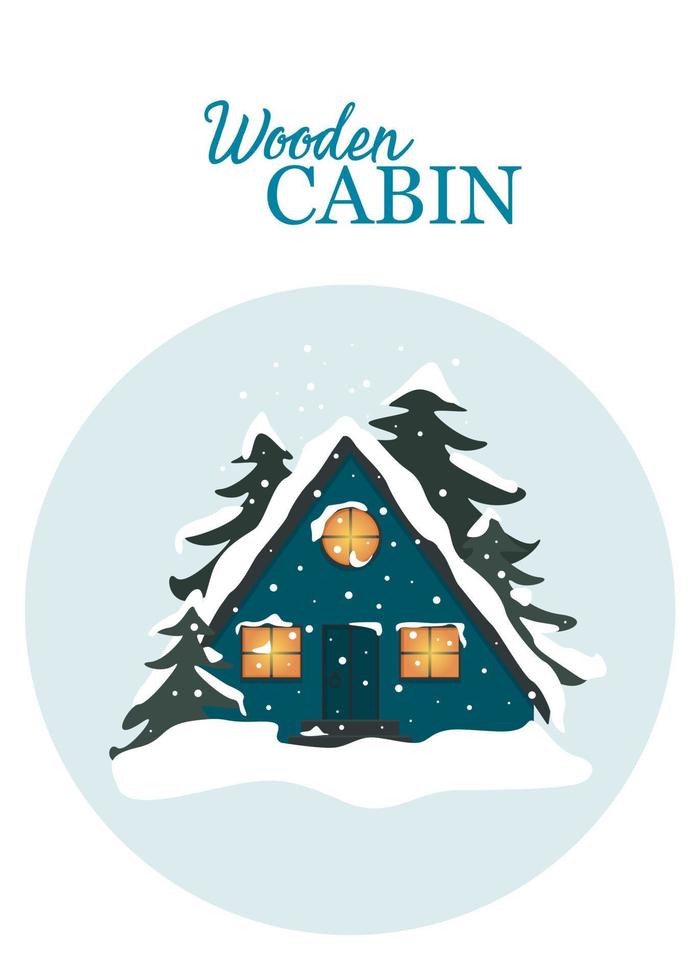 ícone de cabine azul triangular de madeira em um círculo. ilustração de casa de campo com luz nas janelas. vetor