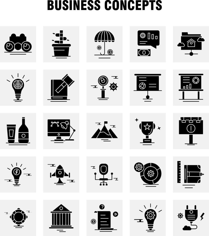 ícones de glifos sólidos de conceitos de negócios definidos para kit de uxui móvel de infográficos e design de impressão incluem arquivo de documento, arquivo de texto, ideia, coleção de alvos, infográfico moderno, logotipo e pictog vetor