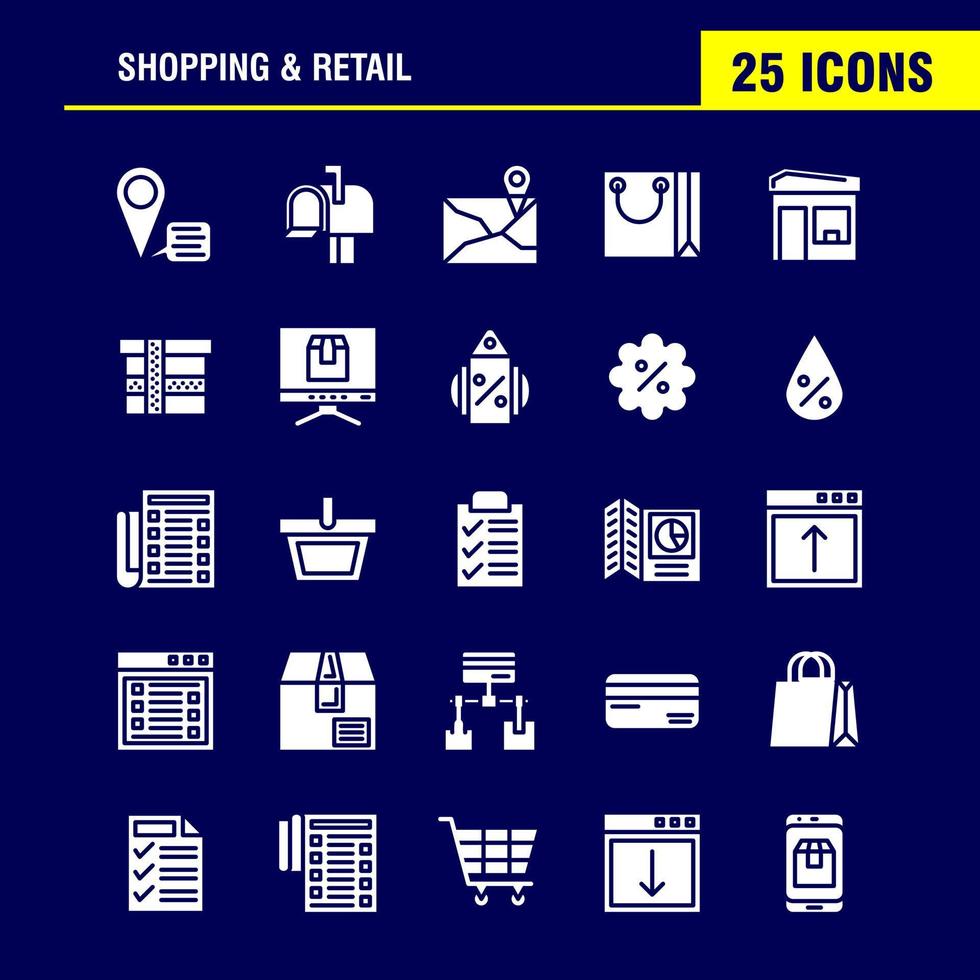 pacote de ícones de glifo sólido de compras para designers e desenvolvedores ícones de localização, bate-papo sms, compras, caixa de correio, vetor de compras