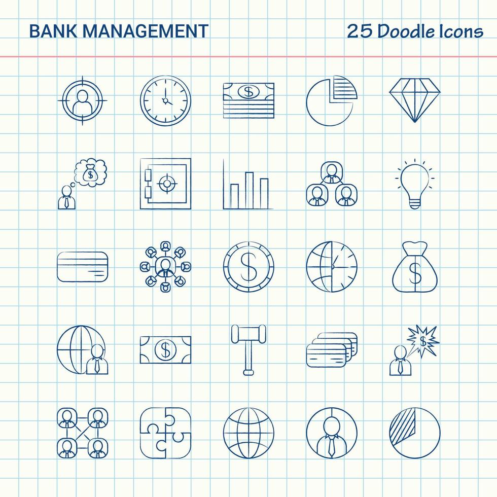 gerenciamento de banco 25 ícones de doodle conjunto de ícones de negócios desenhados à mão vetor