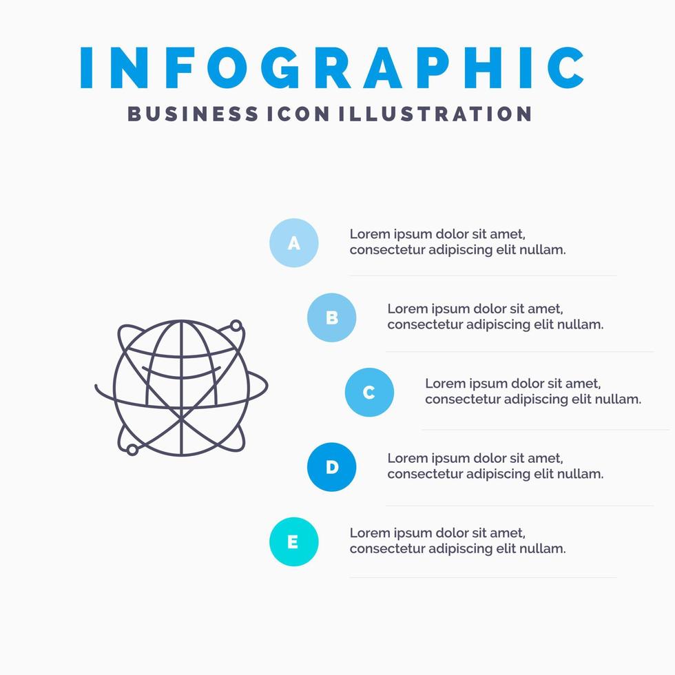 globo de dados de negócios global ícone de linha mundial de recursos de internet com fundo de infográficos de apresentação de 5 etapas vetor