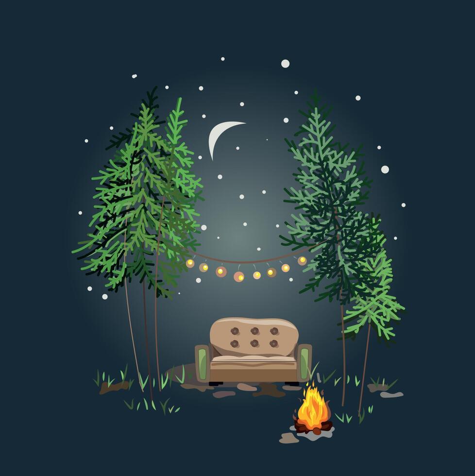 sofá e fogueira em uma floresta de pinheiros vetor